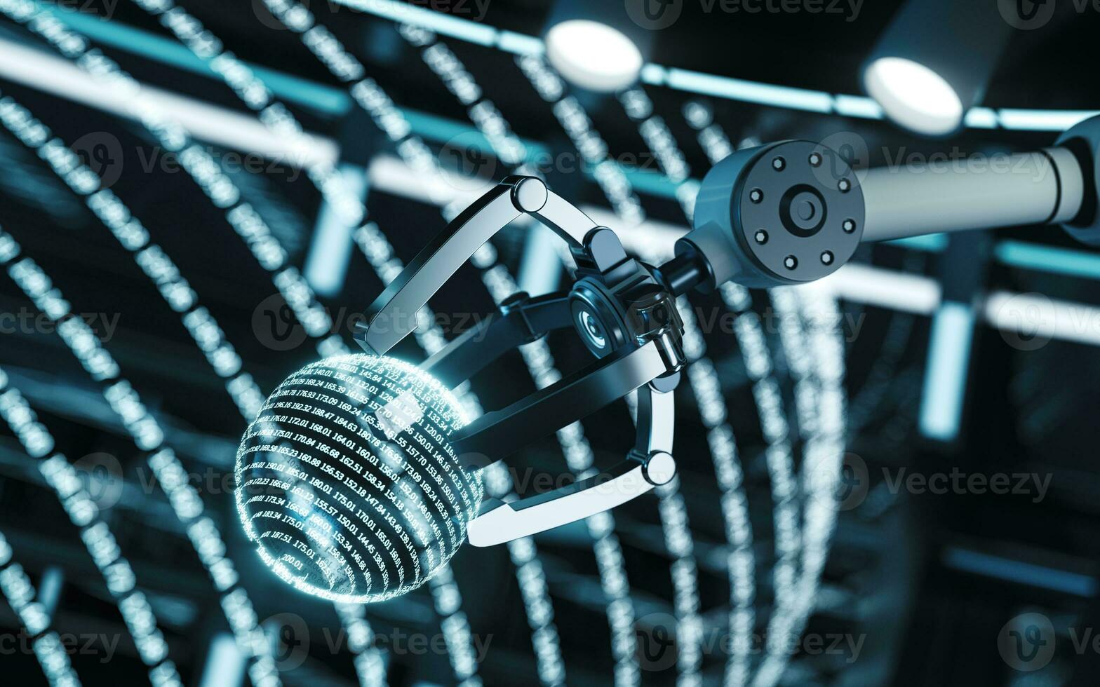 Digital information and mechanical arm in a round room, 3d rendering. photo