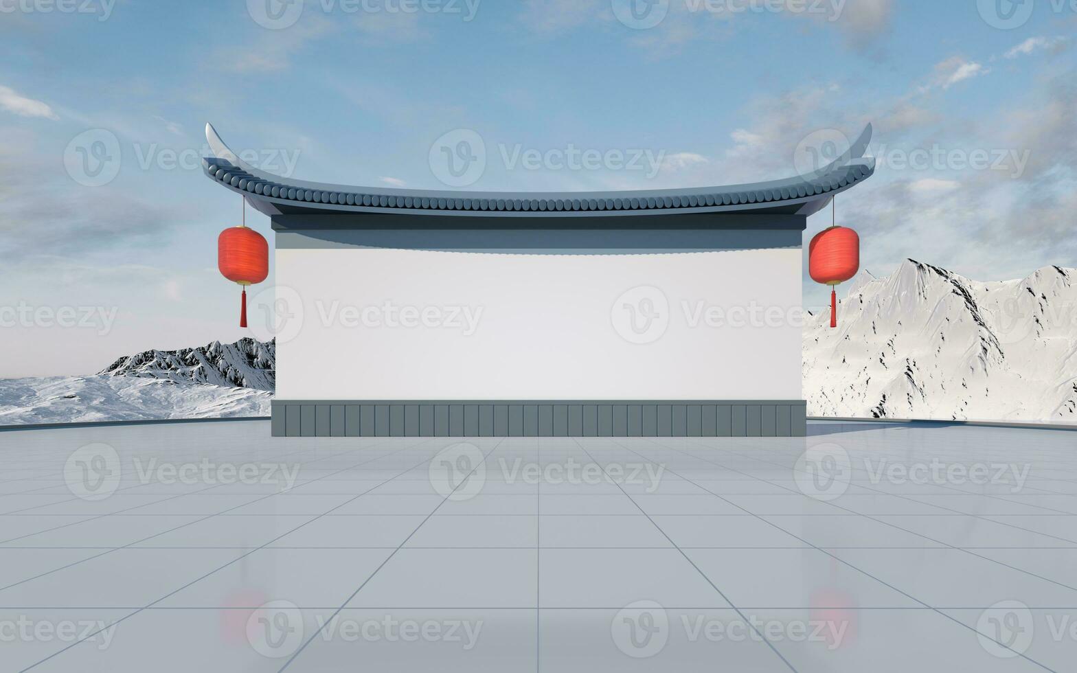 Empty bulletin board with snow mountains background, 3d rendering. photo