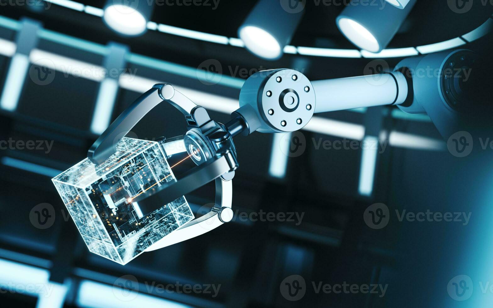 Mechanical arm and cube in a round room, 3d rendering. photo