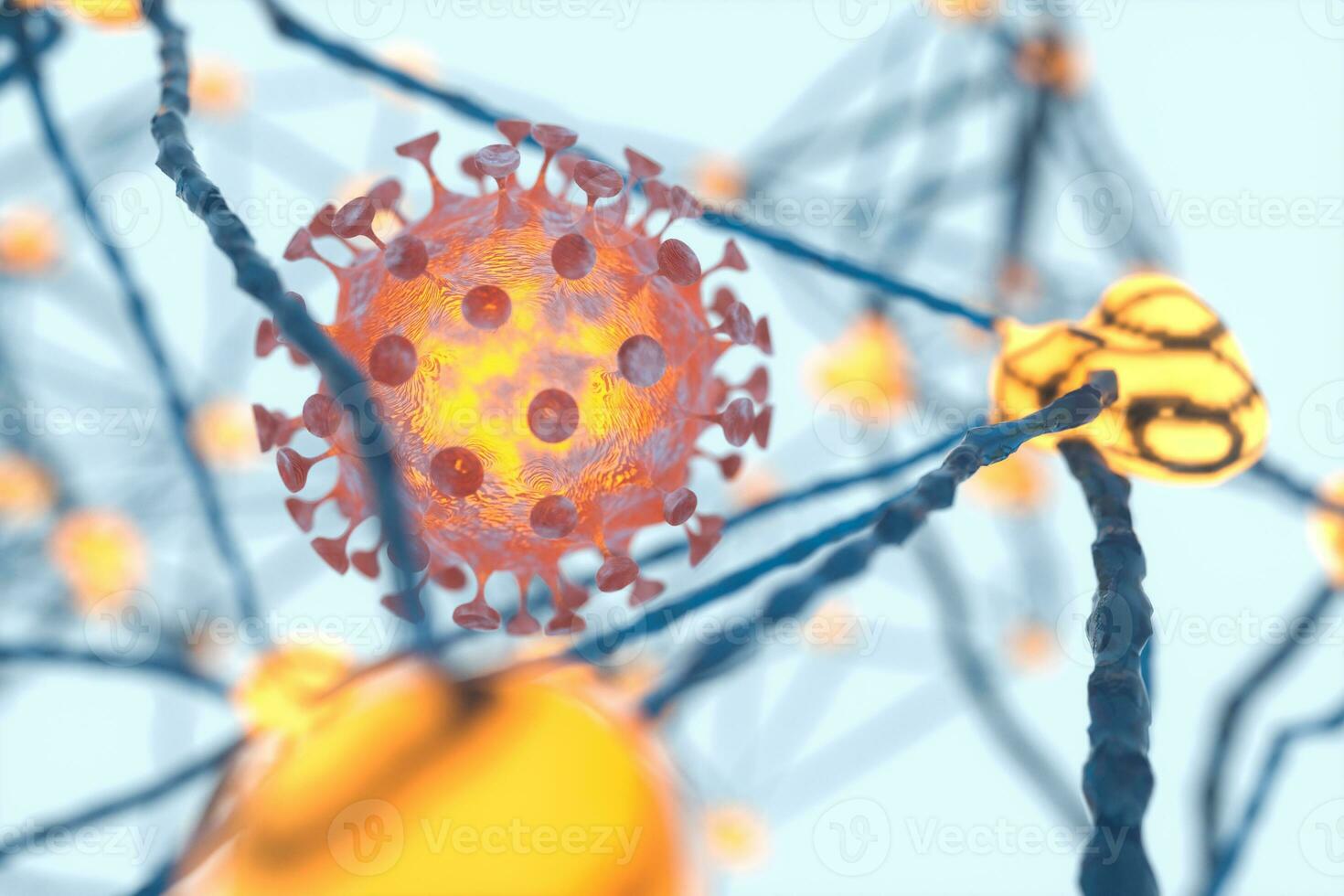 Dispersed corona viruses with nervous system background, 3d rendering photo