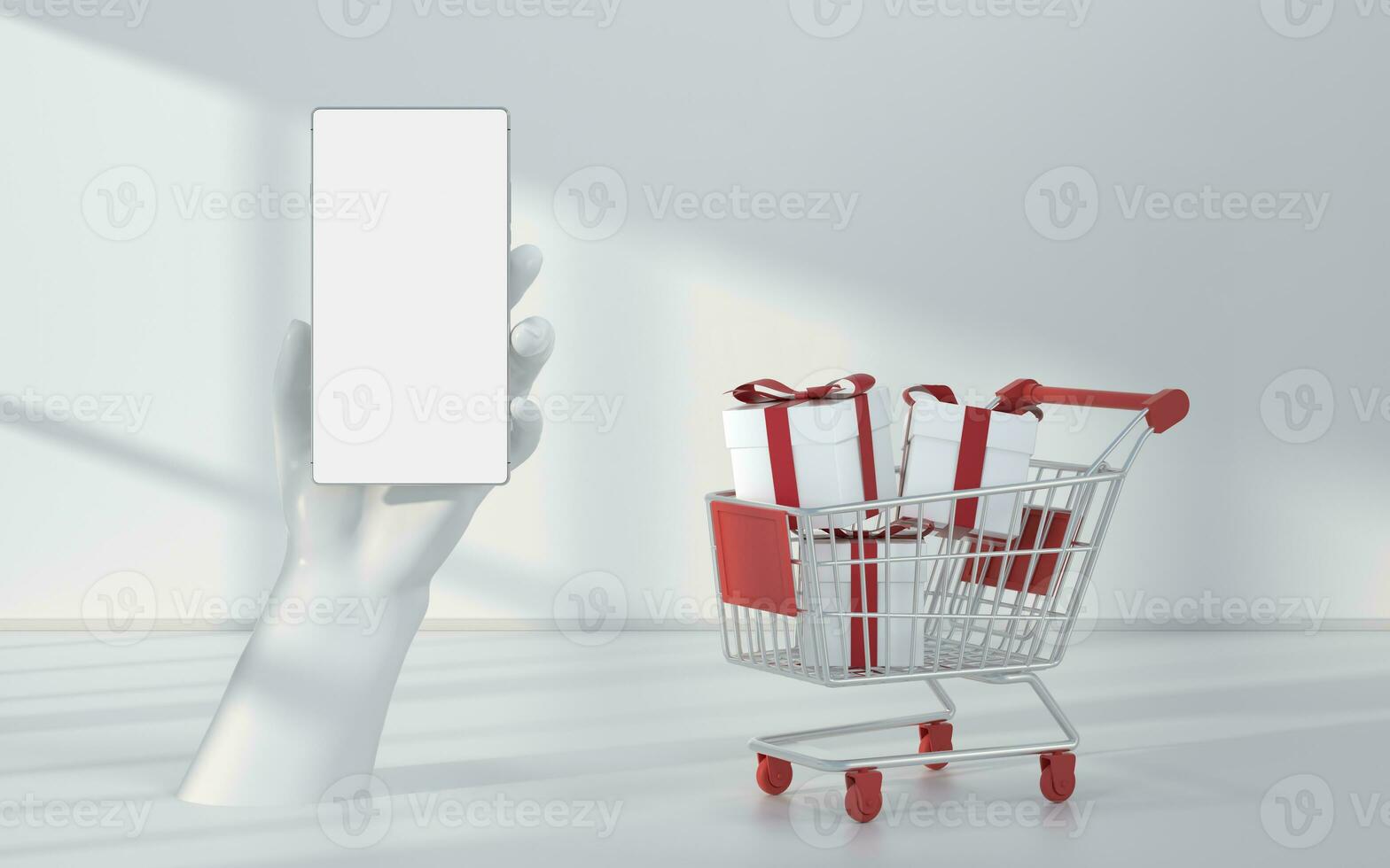 Shopping cart and phone with white background, 3d rendering. photo