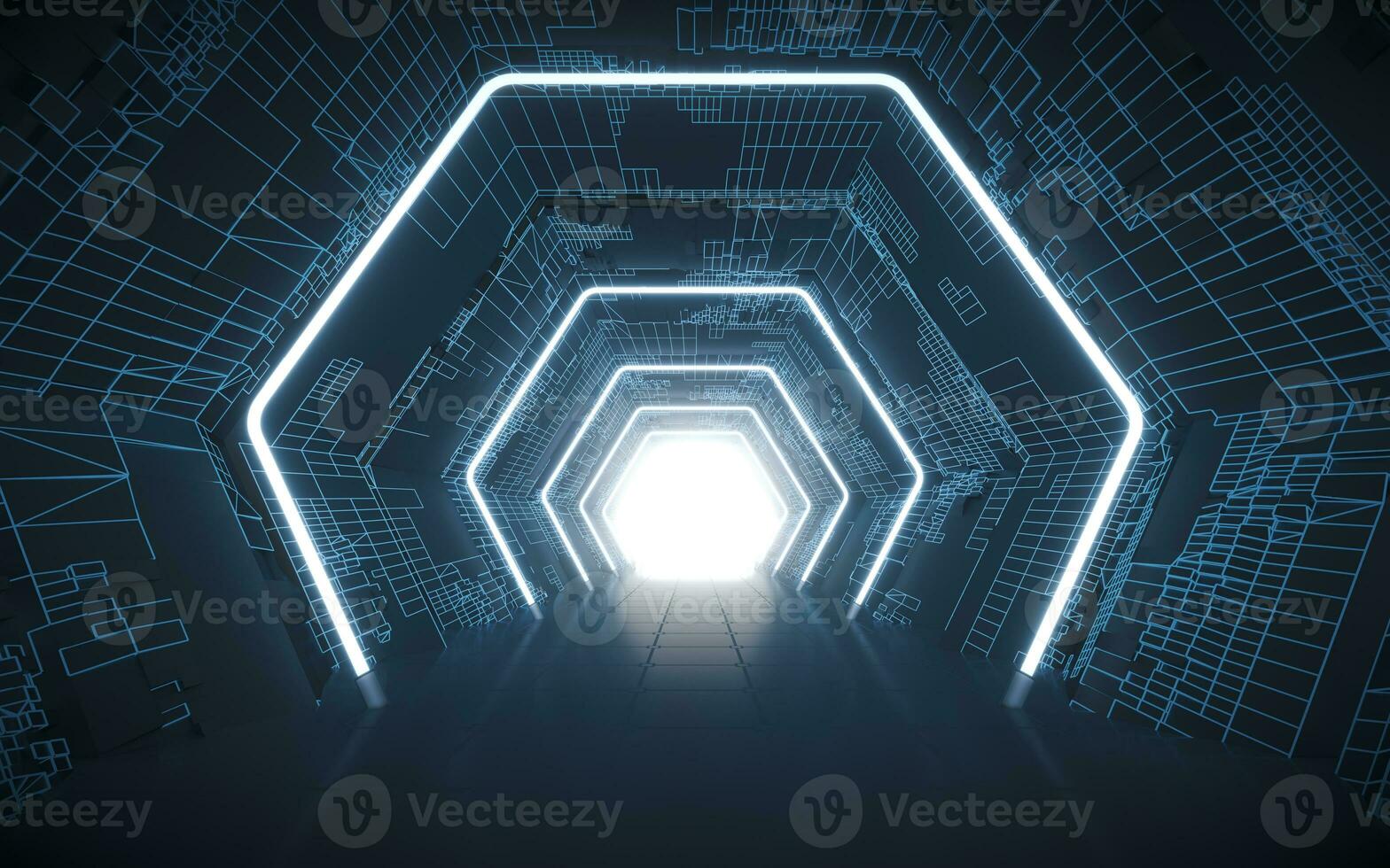 Tunnel and neon with blue background, 3d rendering. photo