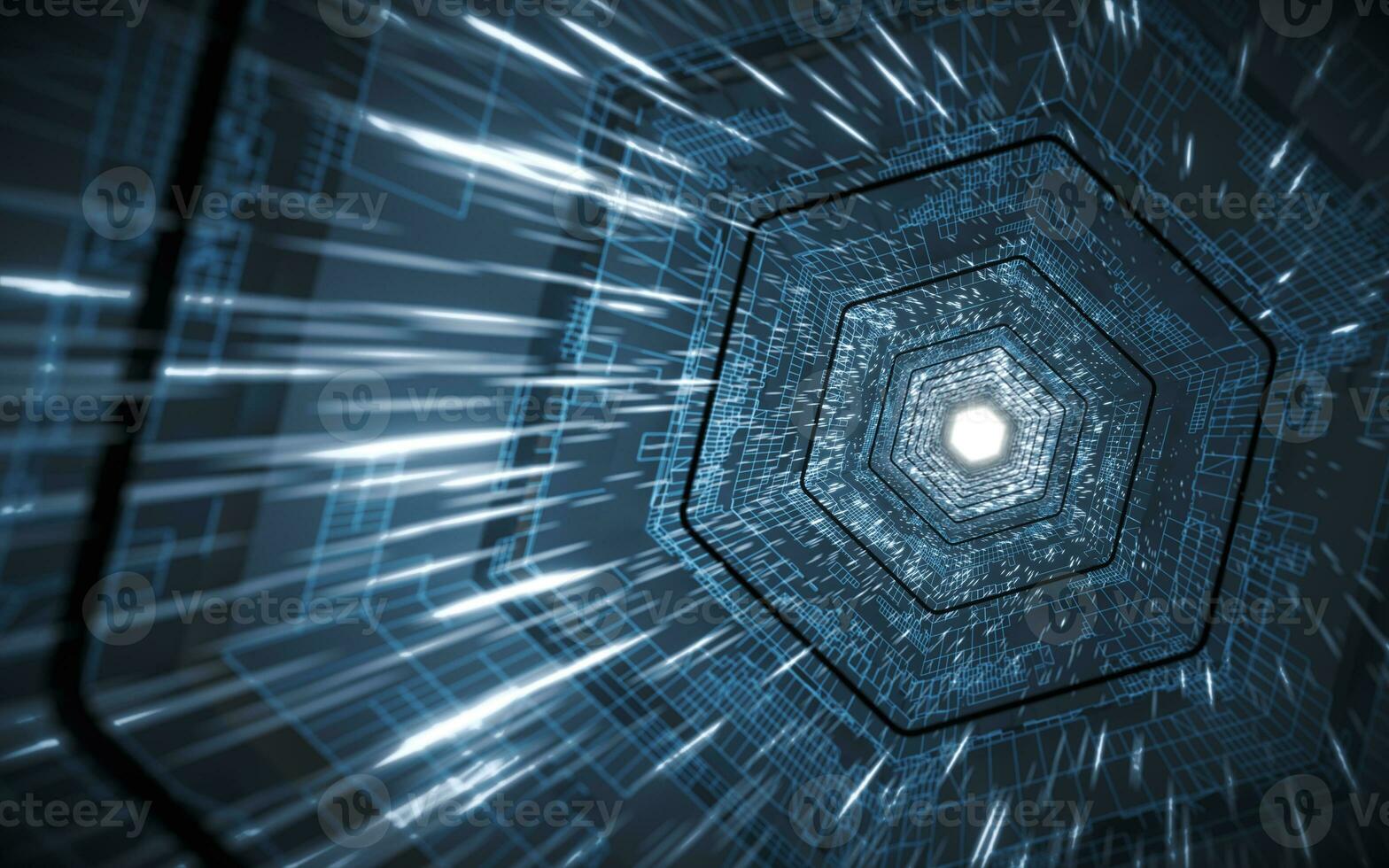 Tunnel and neon with blue background, 3d rendering. photo