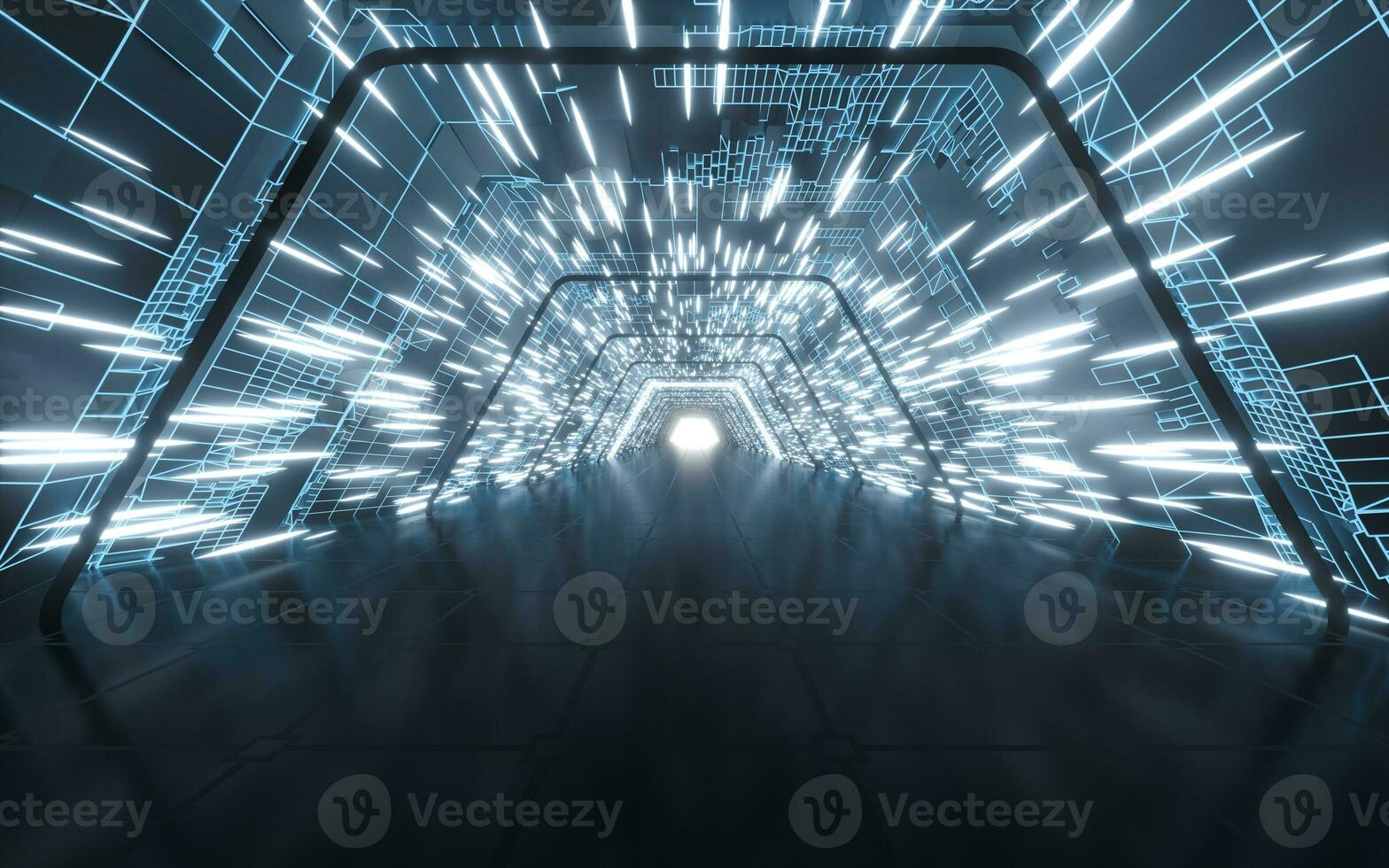 Tunnel and neon with blue background, 3d rendering. photo