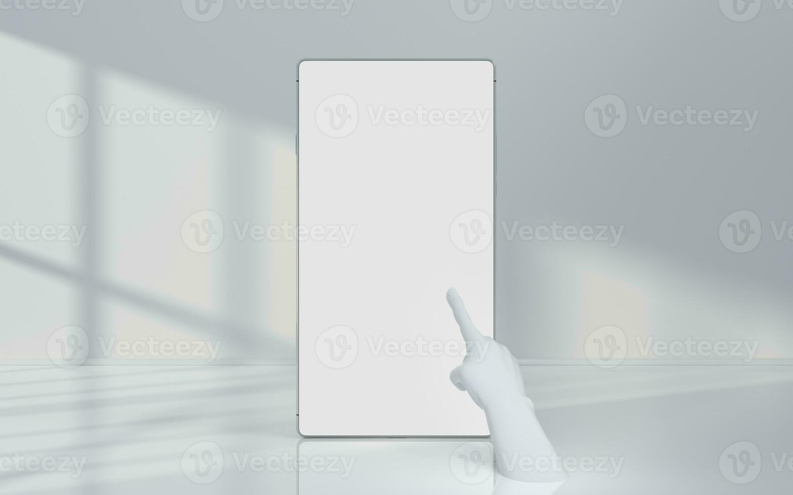 mano y móvil con blanco fondo, 3d representación. foto