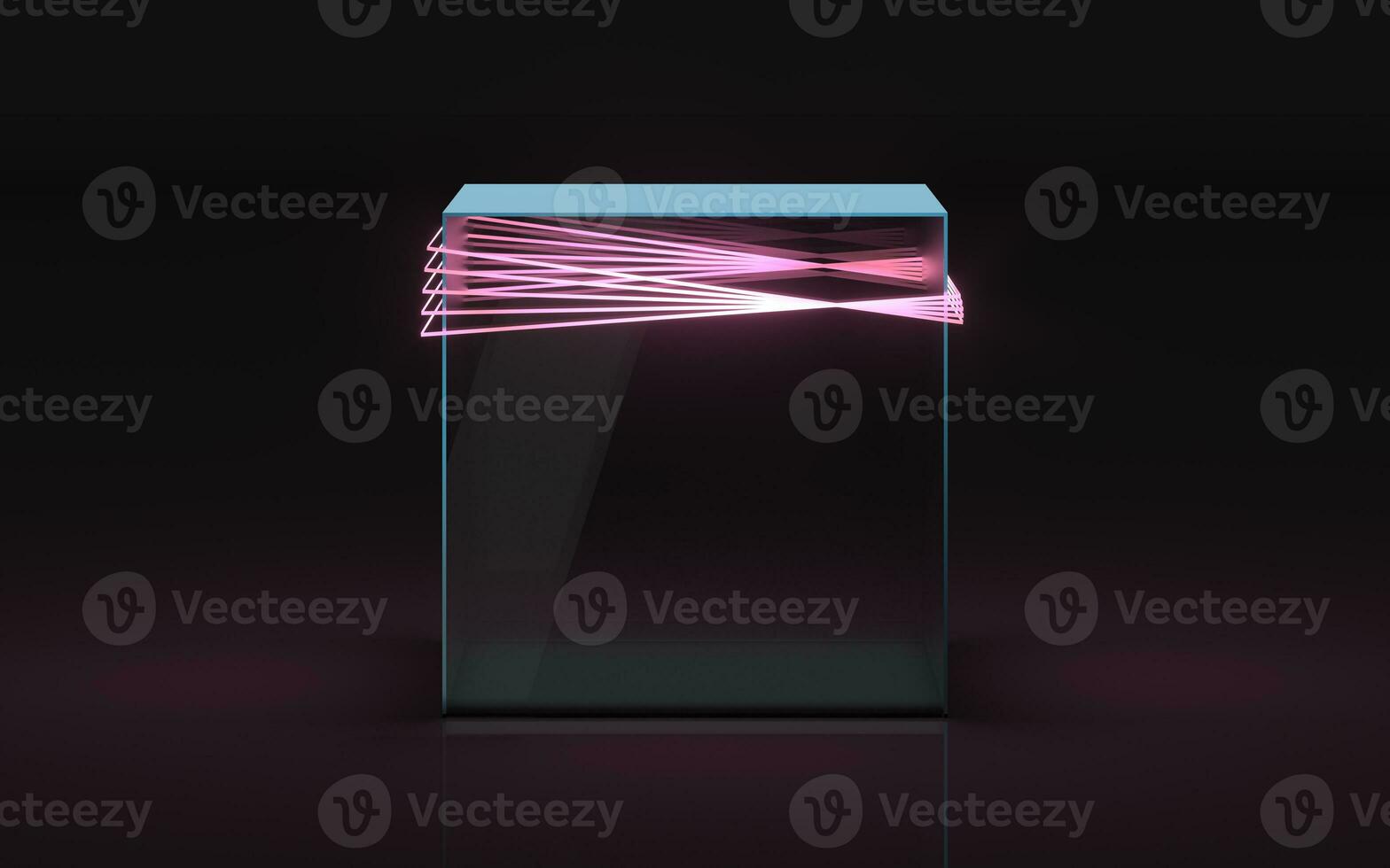 Empty glass showcase with neon lines, 3d rendering. photo