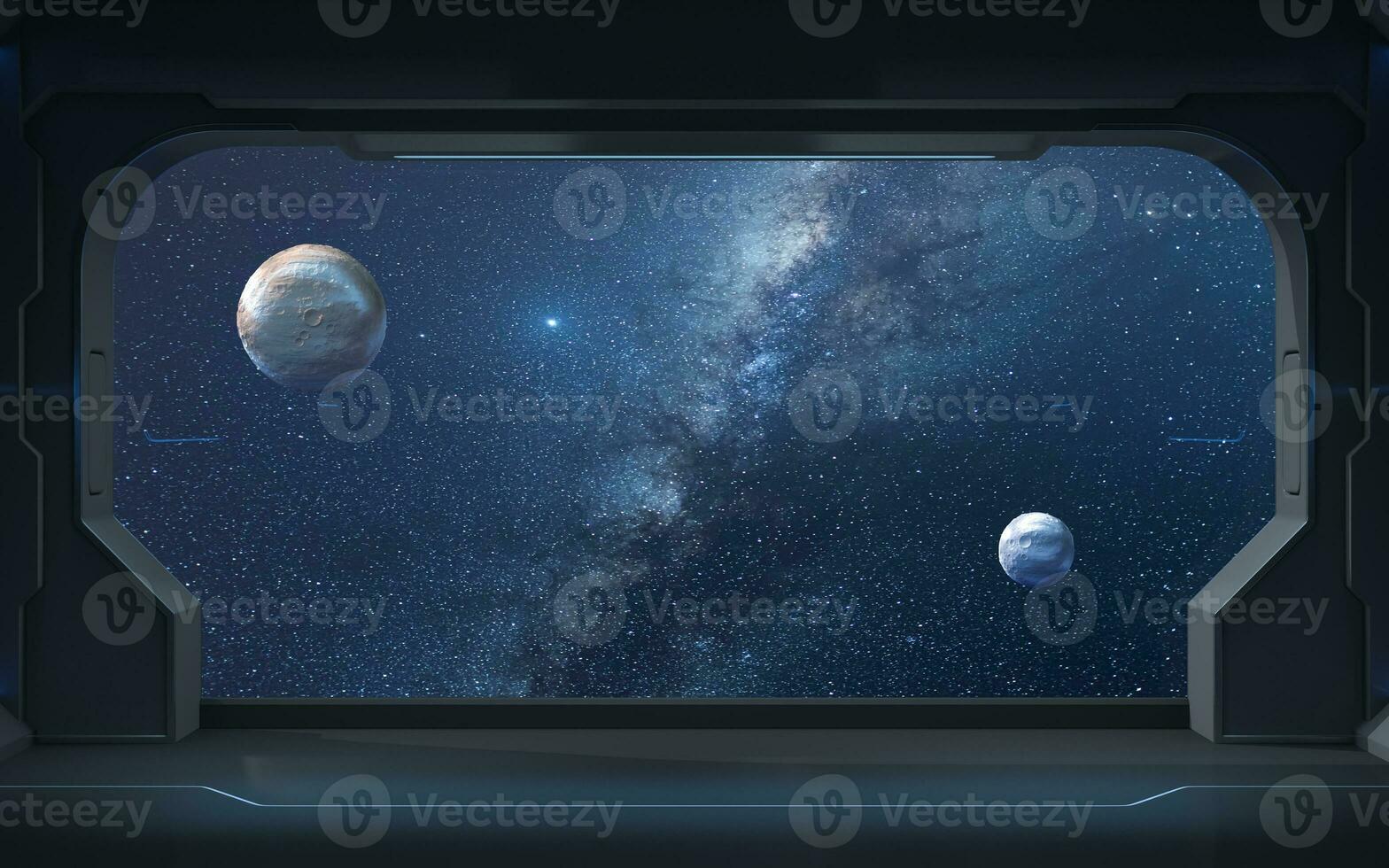 Planets and Milky Way from the view in the spacecraft, 3d rendering ...