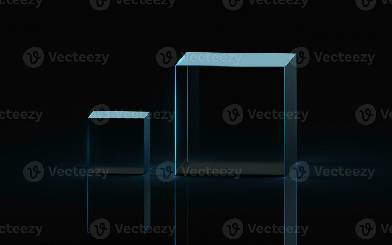 Empty glass showcase with dark background, 3d rendering. photo