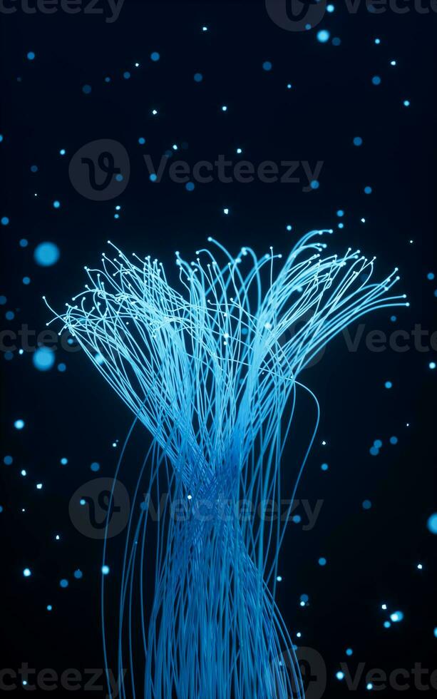 Glowing particles and lines with black background, 3d rendering. photo