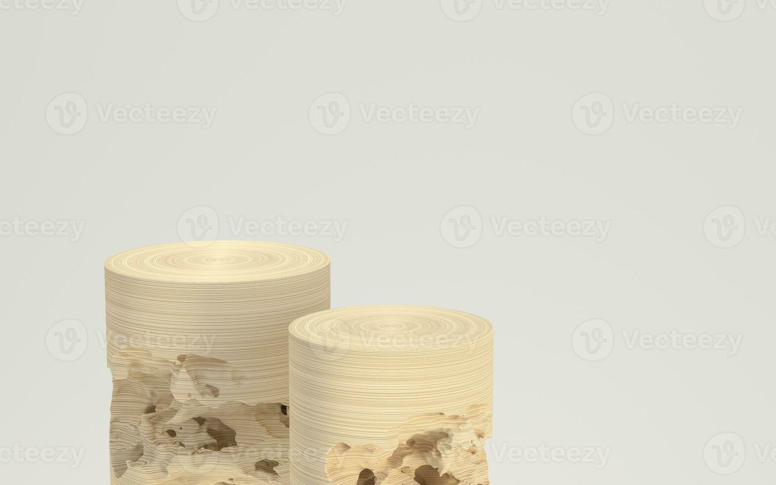 Empty wood cylinder stage with white background, 3d rendering. photo