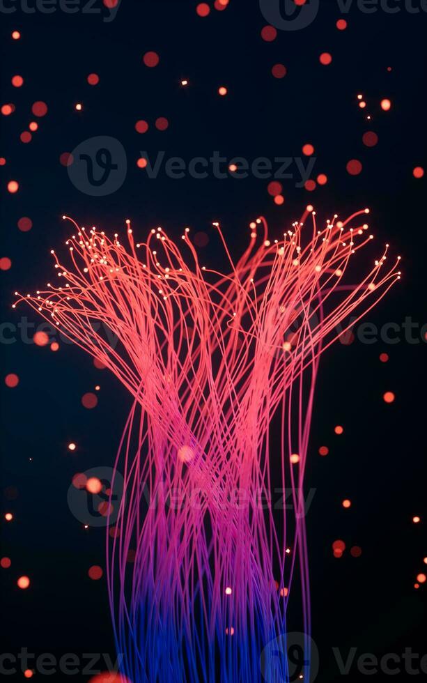 Glowing particles and lines with black background, 3d rendering. photo