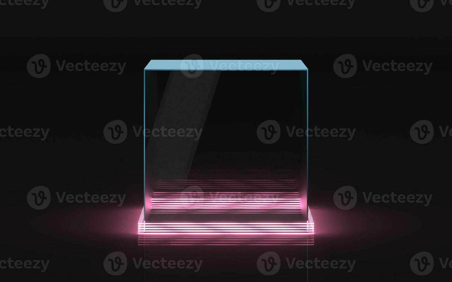 Empty glass showcase with neon lines, 3d rendering. photo