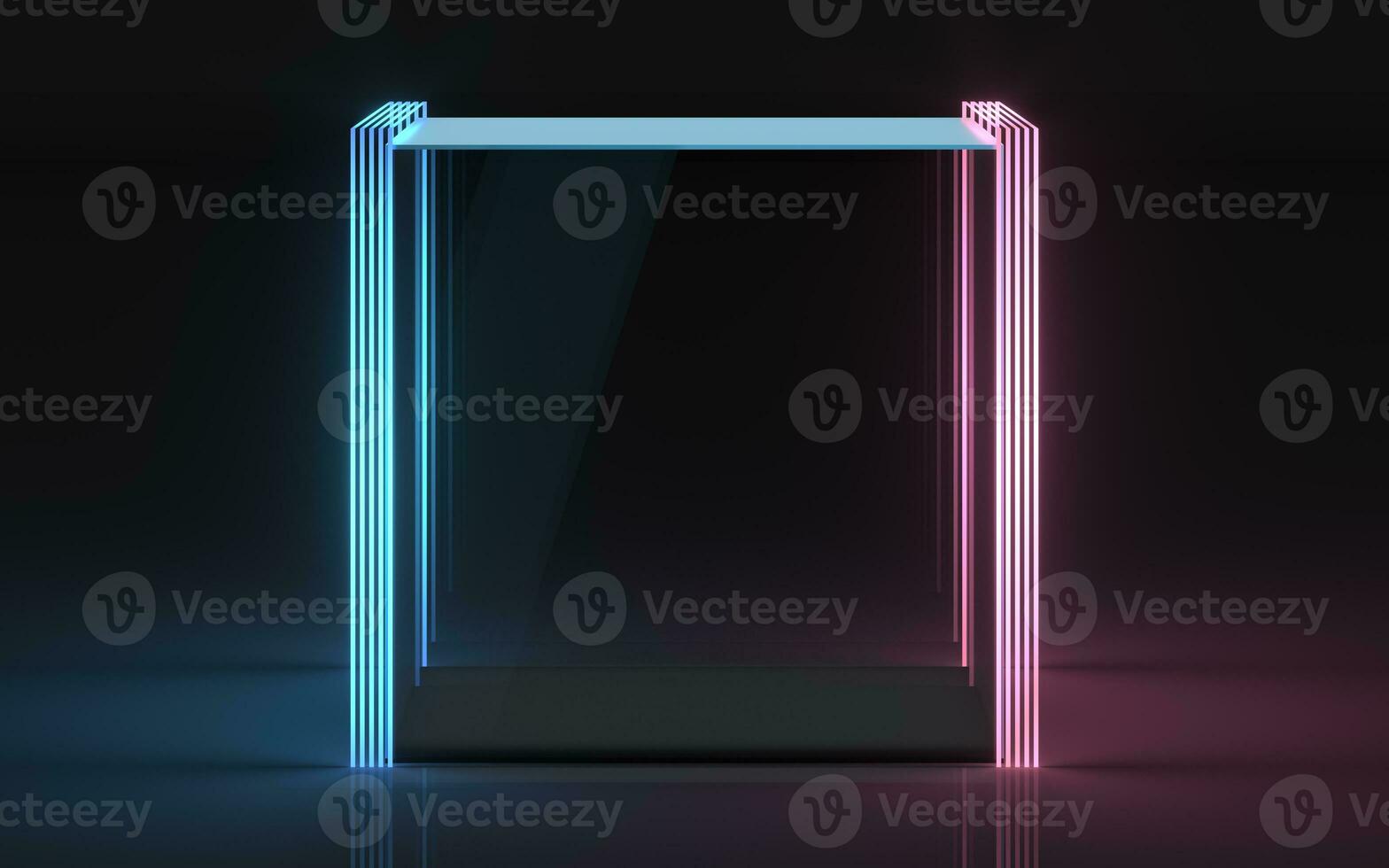 Empty glass showcase with neon lines, 3d rendering. photo