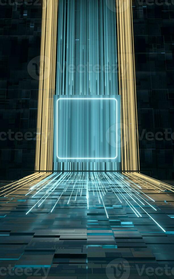 Glowing lines and cubes with black background, 3d rendering. photo