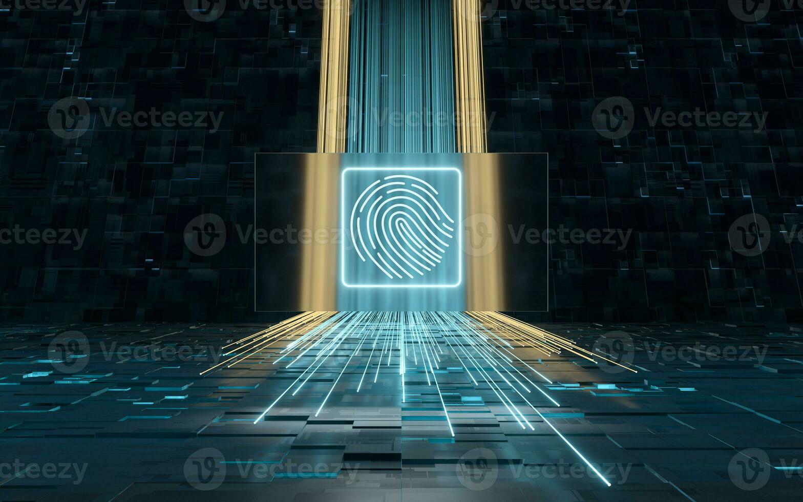 Glowing lines and cubes with black background, 3d rendering. photo