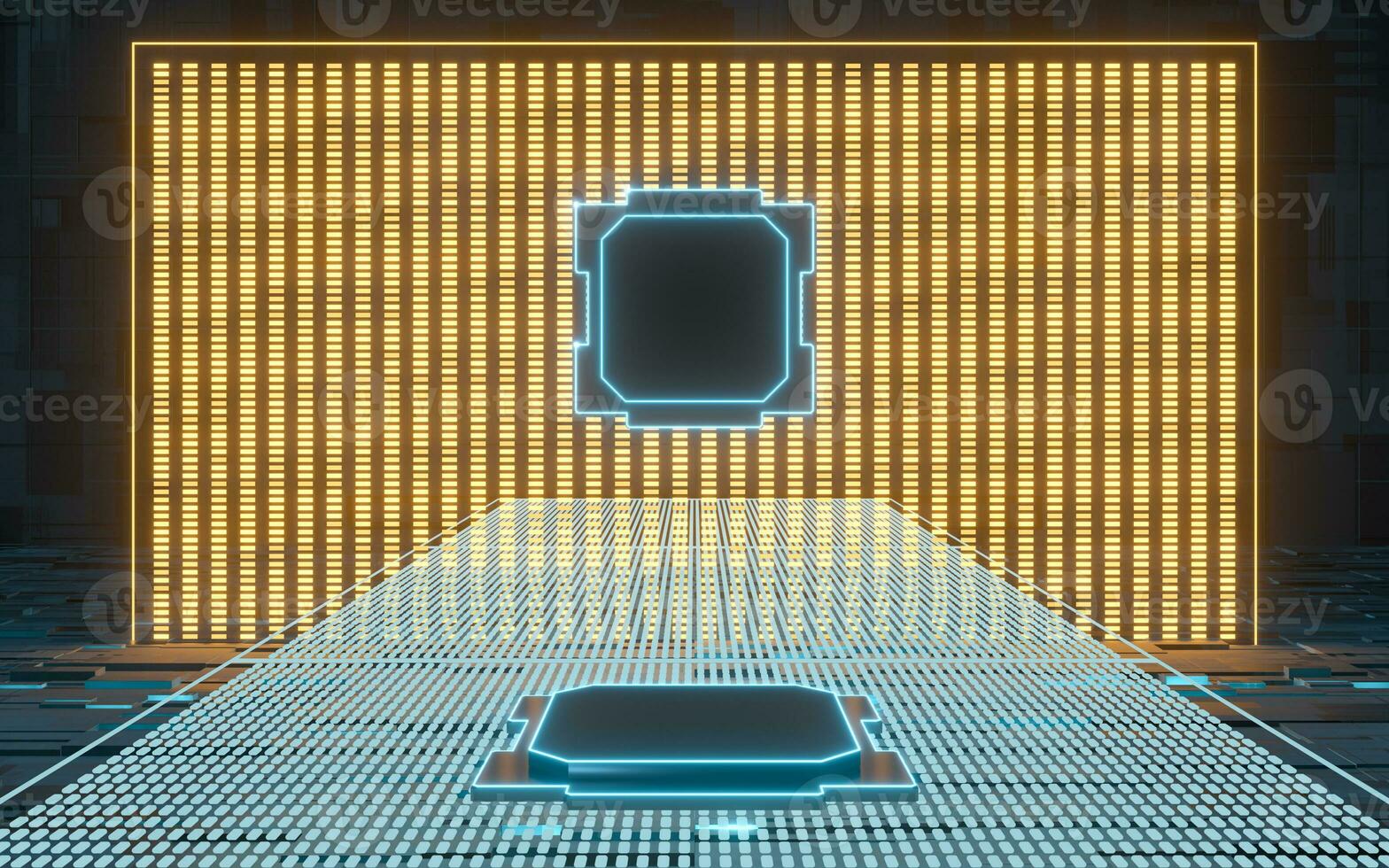 Glowing stage and chip with black background, 3d rendering. photo