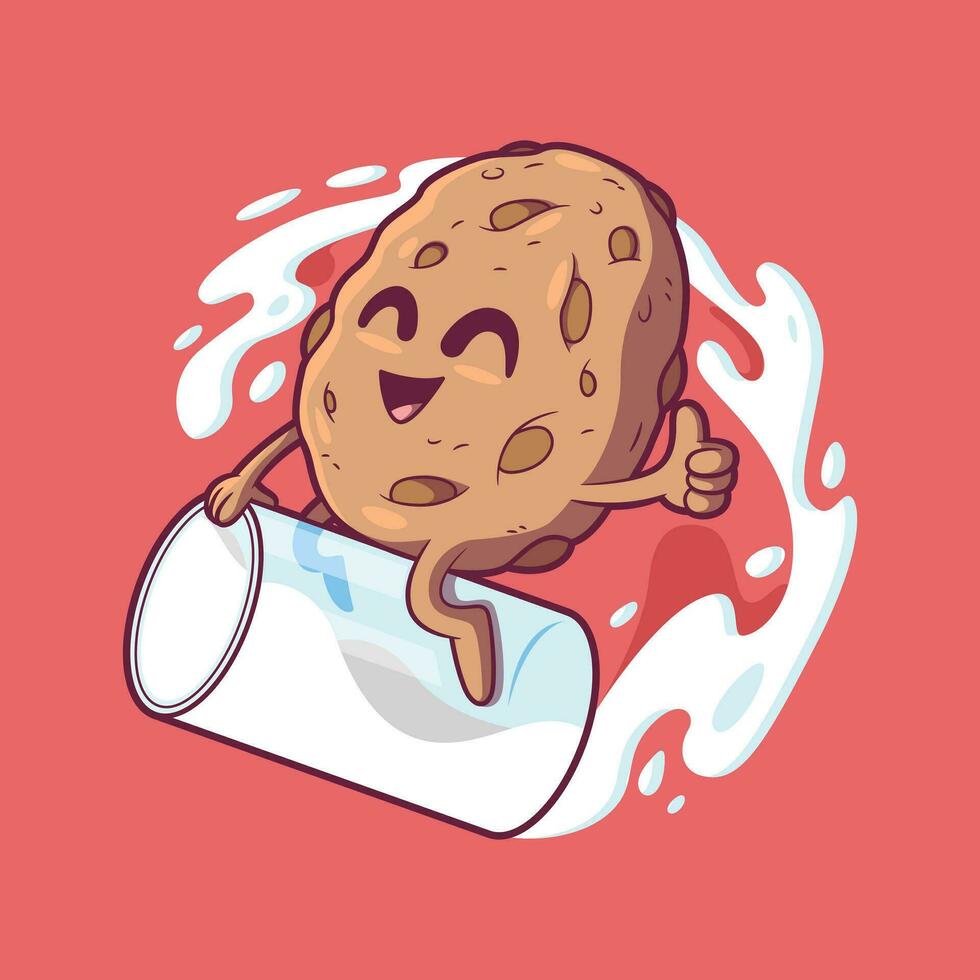 Cookie character riding a glass of milk vector illustration. Food, funny, imagination design concept.