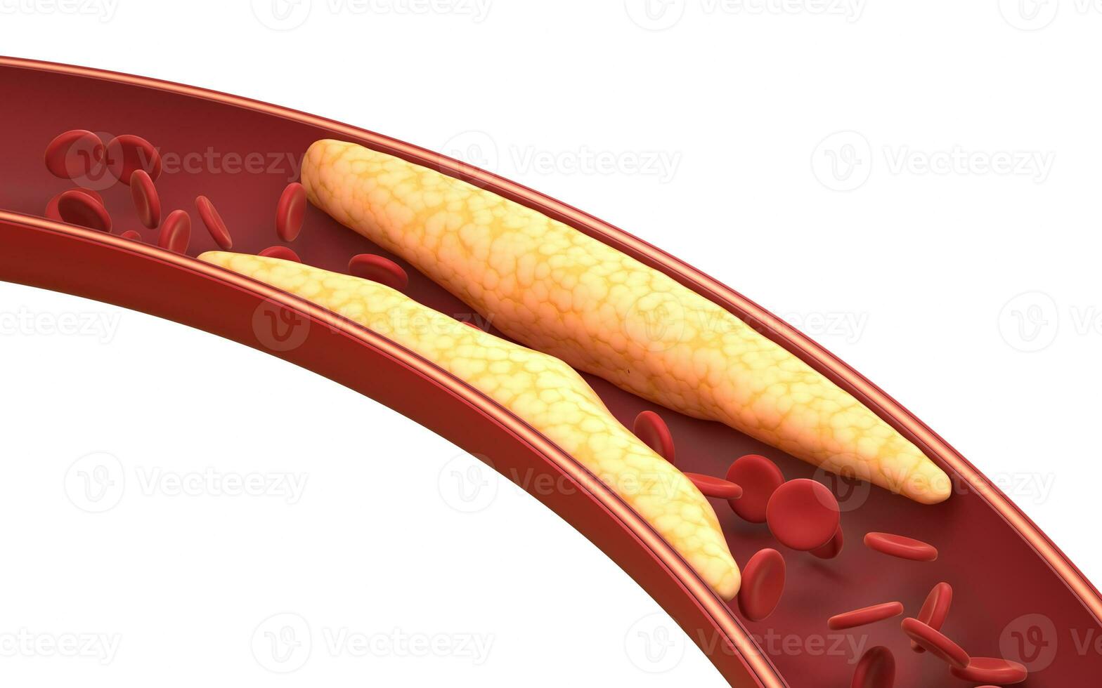 grasa y rojo sangre células en sangre vasos, 3d representación. foto