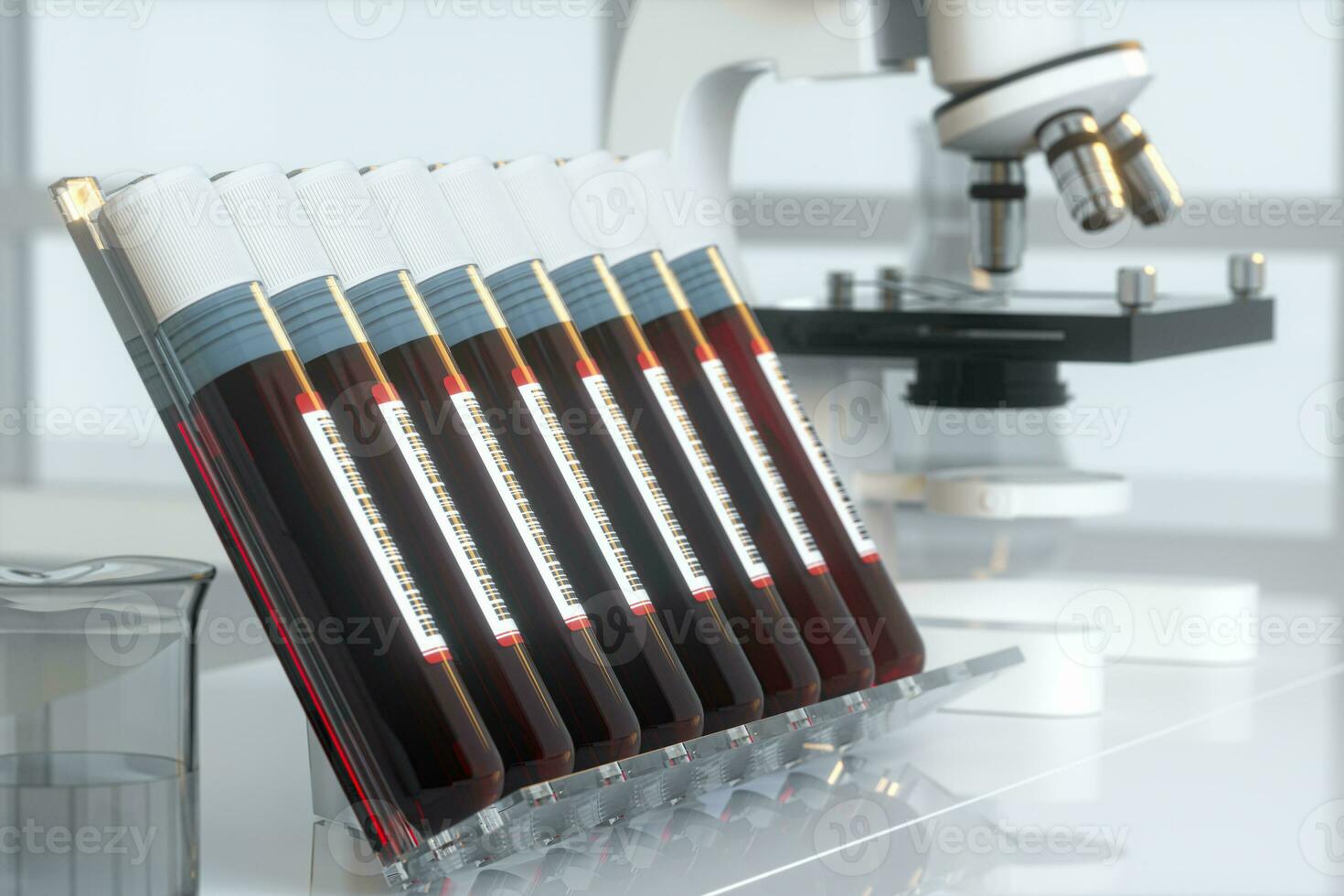 Blood test tubes with laboratory, 3d rendering. photo