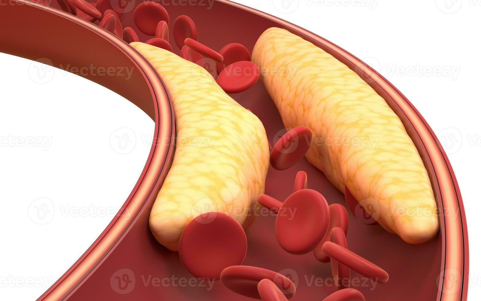 grasa y rojo sangre células en sangre vasos, 3d representación. foto