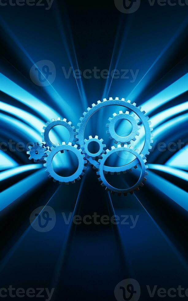 Meshing mechanical gears, metallic parts, 3d rendering. photo