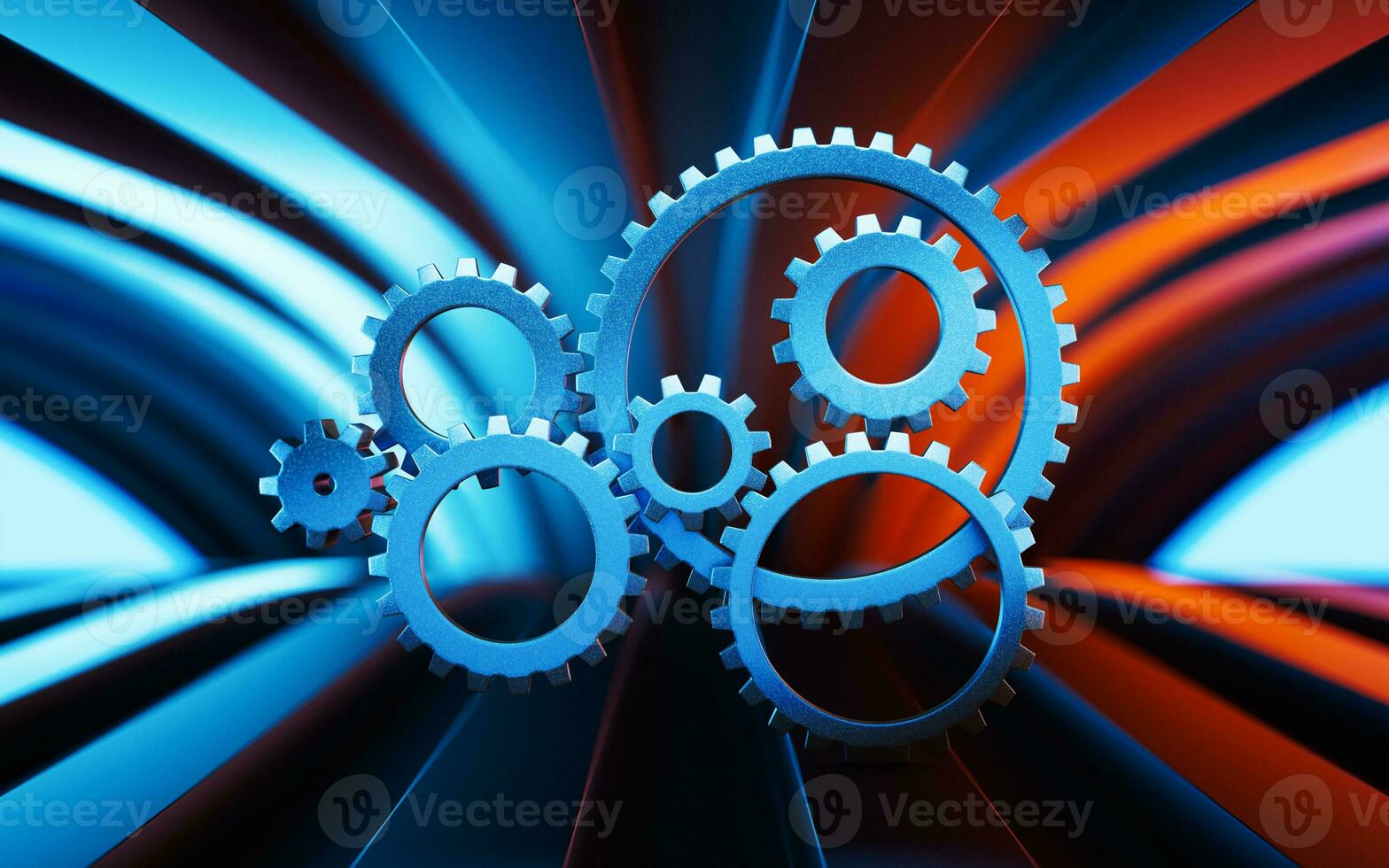 Meshing mechanical gears, metallic parts, 3d rendering. photo