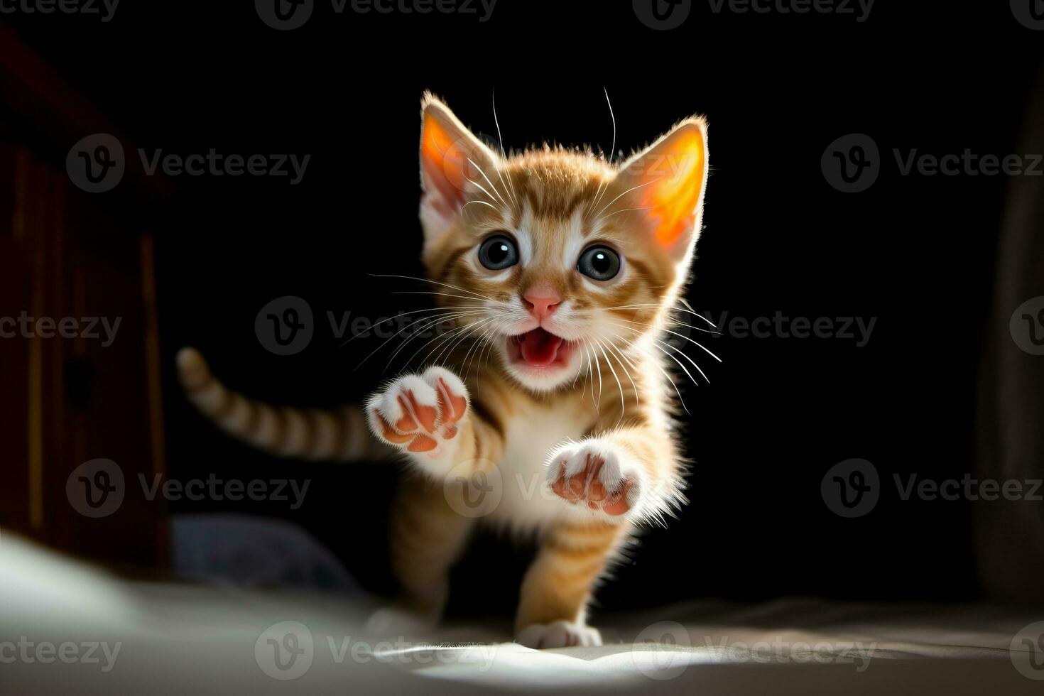 an orange and white kitten is running towards the camera generative AI photo