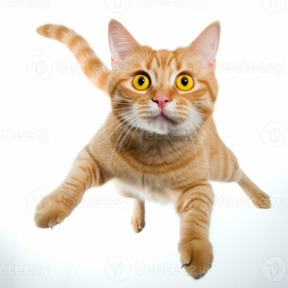 an orange tabby cat is flying through the air generative AI photo