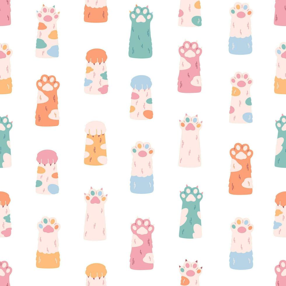 Cute colorful cats paws seamless pattern. Different funny pet paws with claws, animals hands. vector