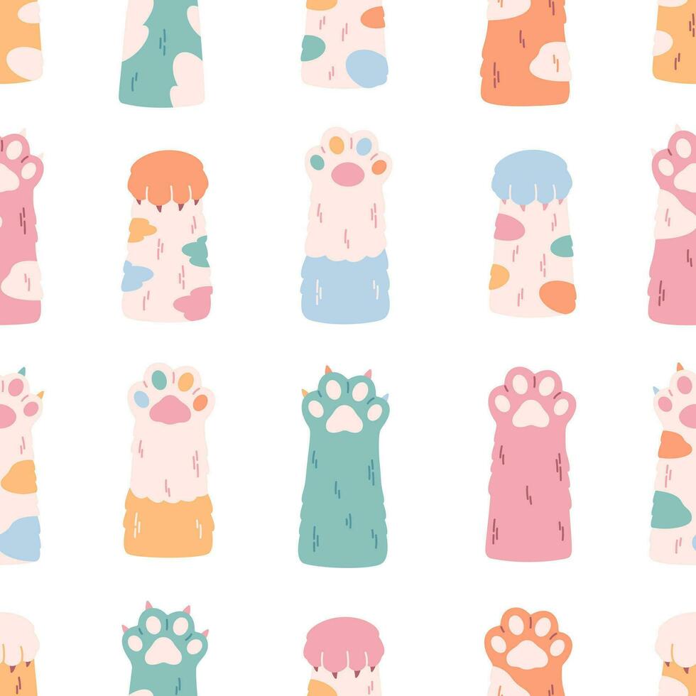 Cute colorful cats paws seamless pattern. Different funny pet paws with claws, animals hands. vector