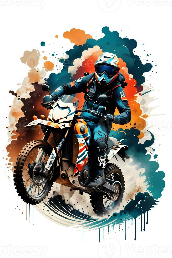 Racing motocross rider with ink style digital painting on sketch for t-shirt print photo