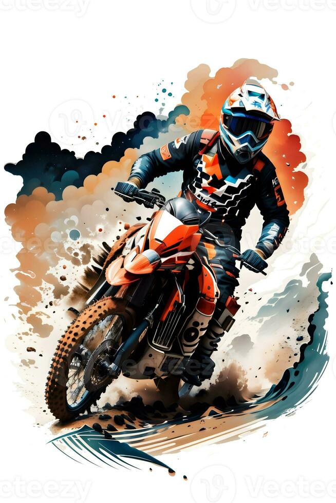 Racing motocross rider with ink style digital painting on sketch for t-shirt print photo