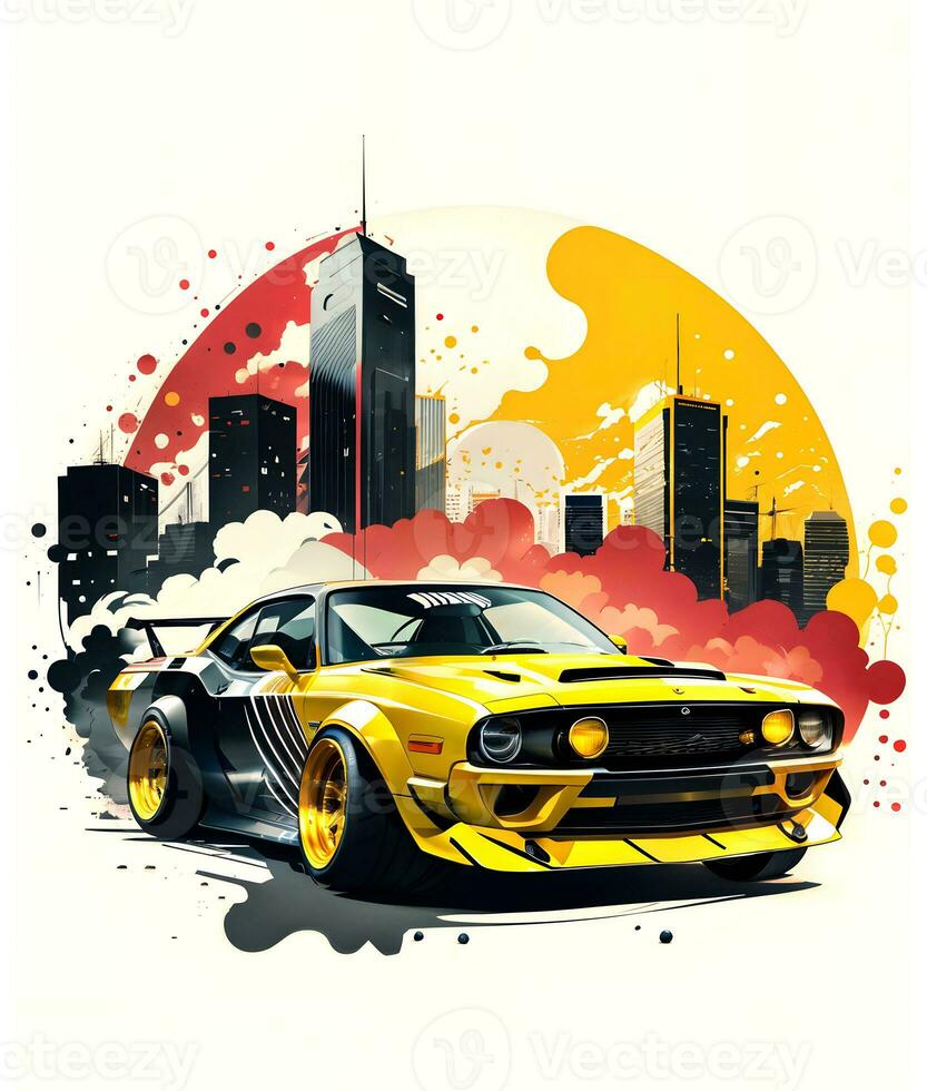 Racing car with ink style digital painting on sketch for t-shirt print photo