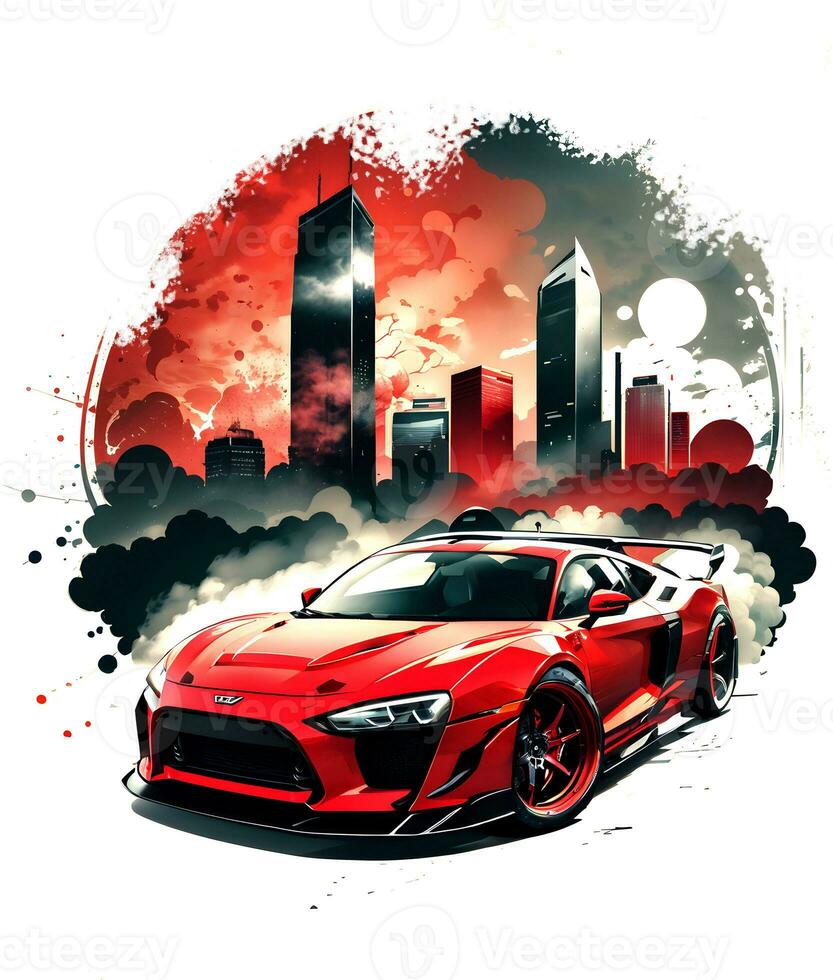 Racing car with ink style digital painting on sketch for t-shirt print photo