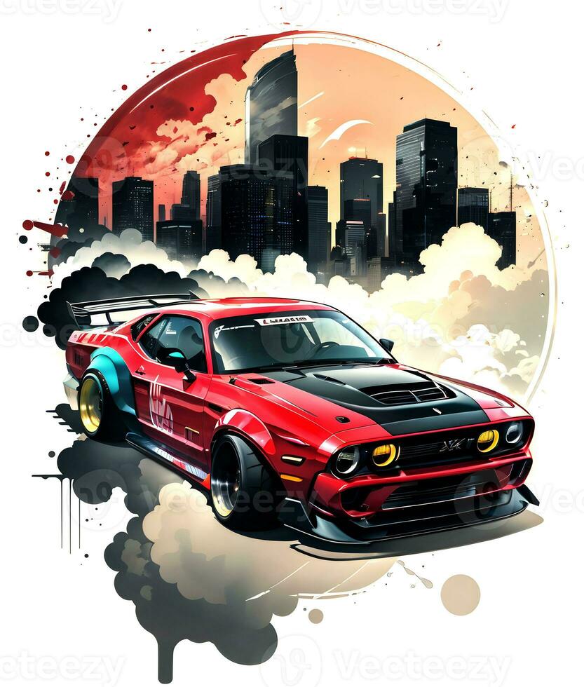 Racing car with ink style digital painting on sketch for t-shirt print photo