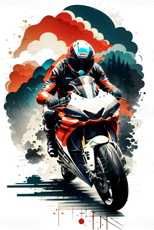 Racing motorcycle with ink style digital painting on sketch for t-shirt print photo