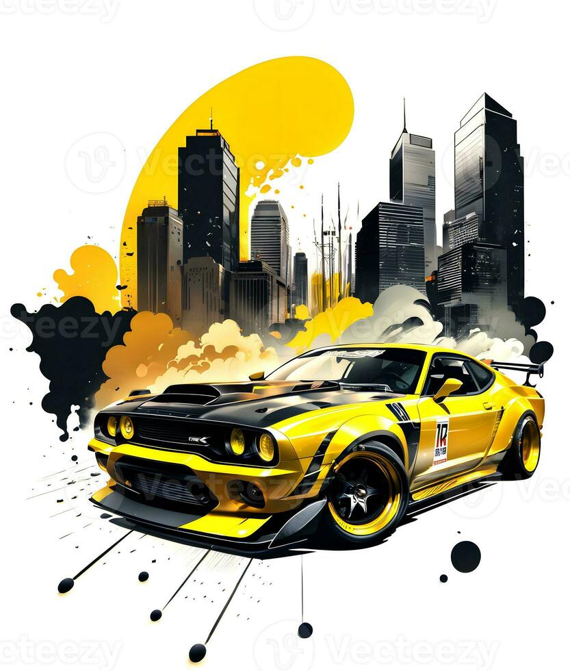 Racing car with ink style digital painting on sketch for t-shirt print photo