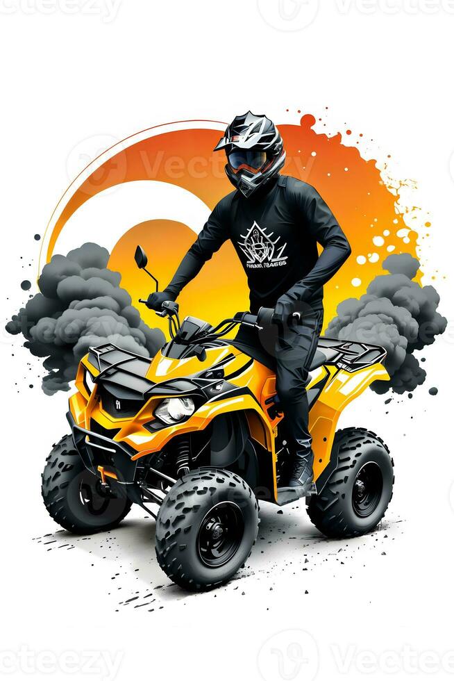 Four-wheeled motorbike rider race with ink style digital painting on sketch for t-shirt print photo