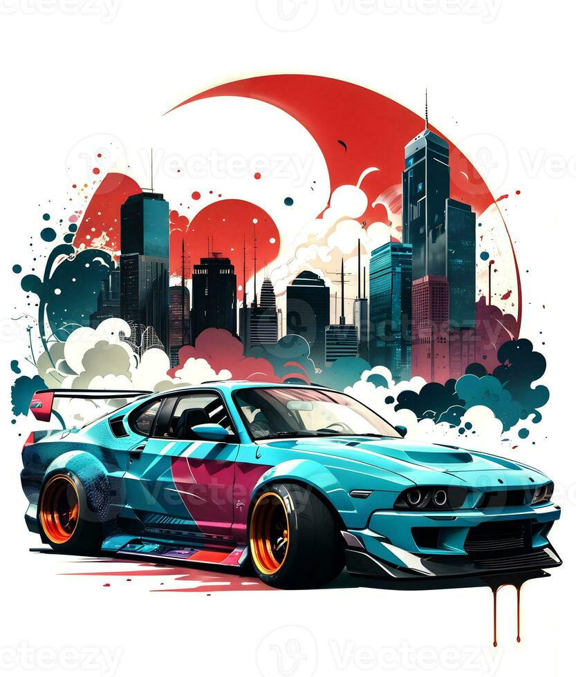Racing car with ink style digital painting on sketch for t-shirt print photo