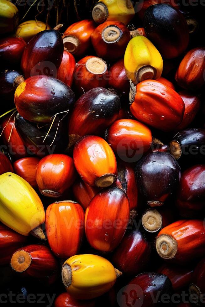 Realistic photo of a bunch of oil palm fruit. top view fruit scenery.