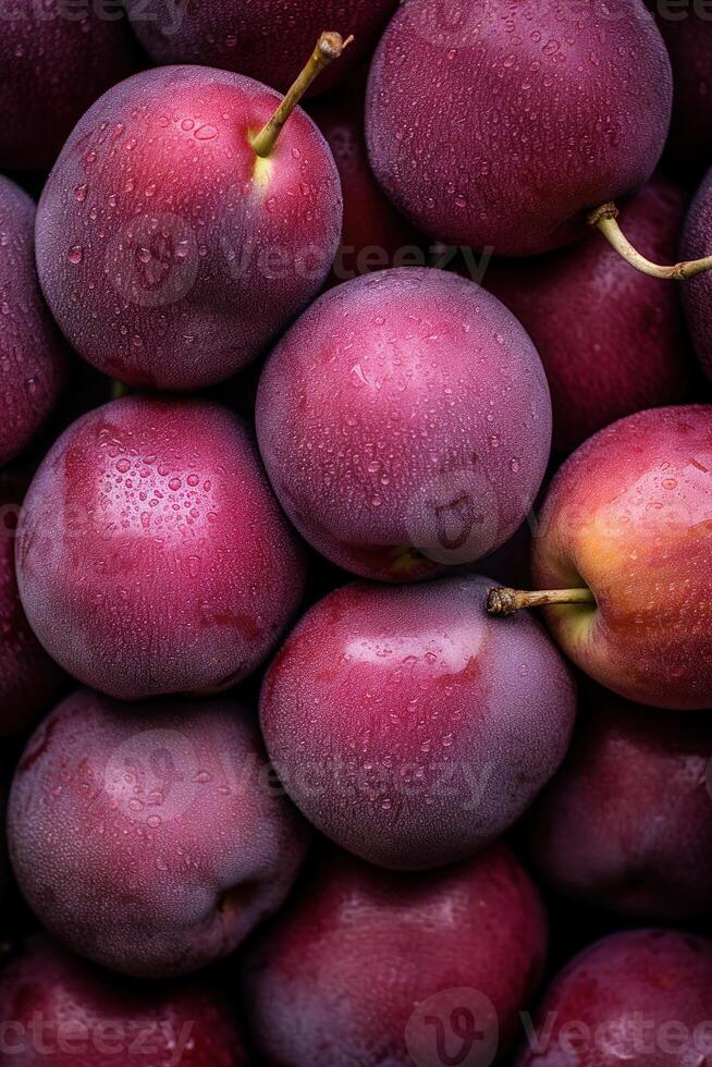 Realistic photo of a bunch of plums. top view fruit scenery. AI Generated