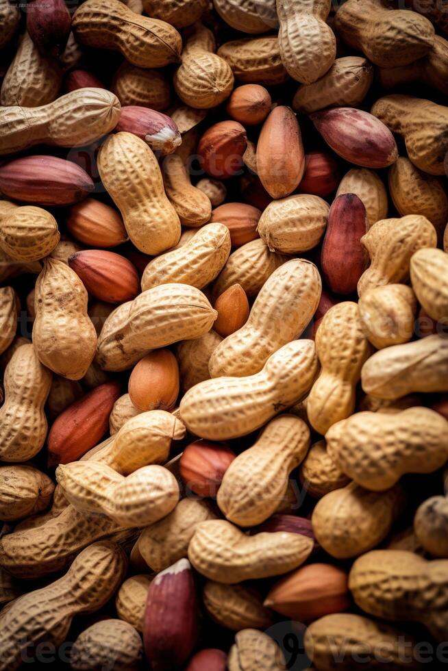 Realistic photo of a bunch of peanuts. top view nuts scenery. AI Generated