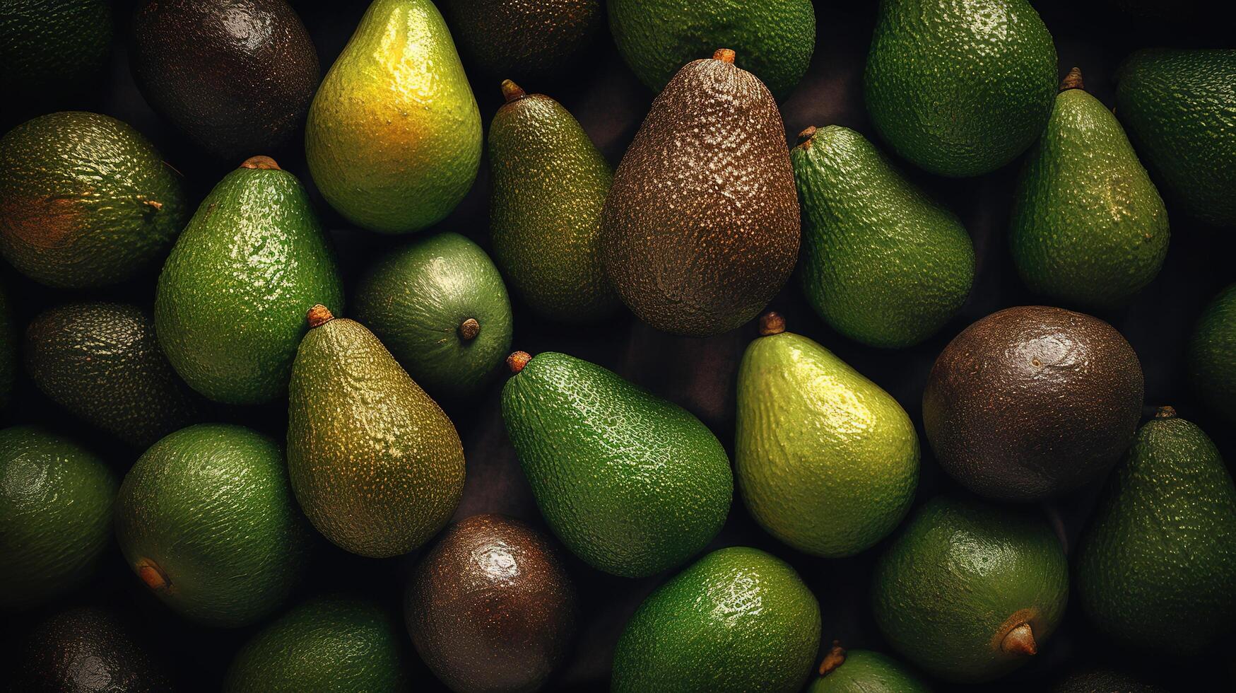 Realistic photo of a bunch of avocados. top view fruit scenery.