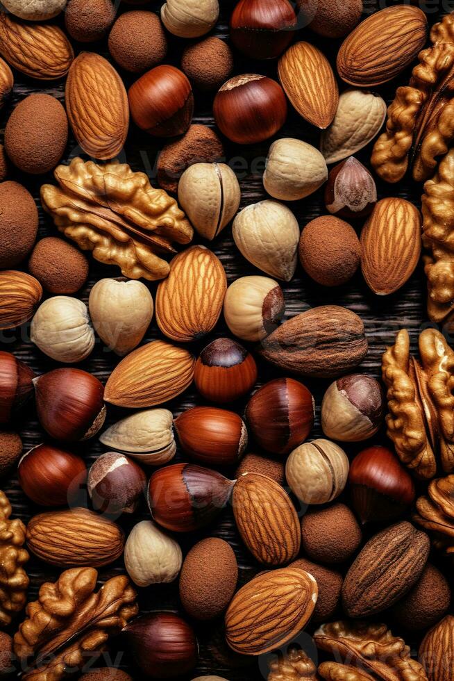 Realistic photo of different kind of nuts. top view nuts scenery. AI Generated