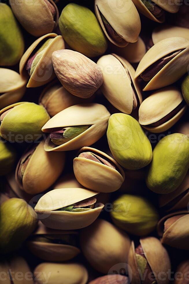 Realistic photo of a bunch of pistachios. top view nuts scenery.