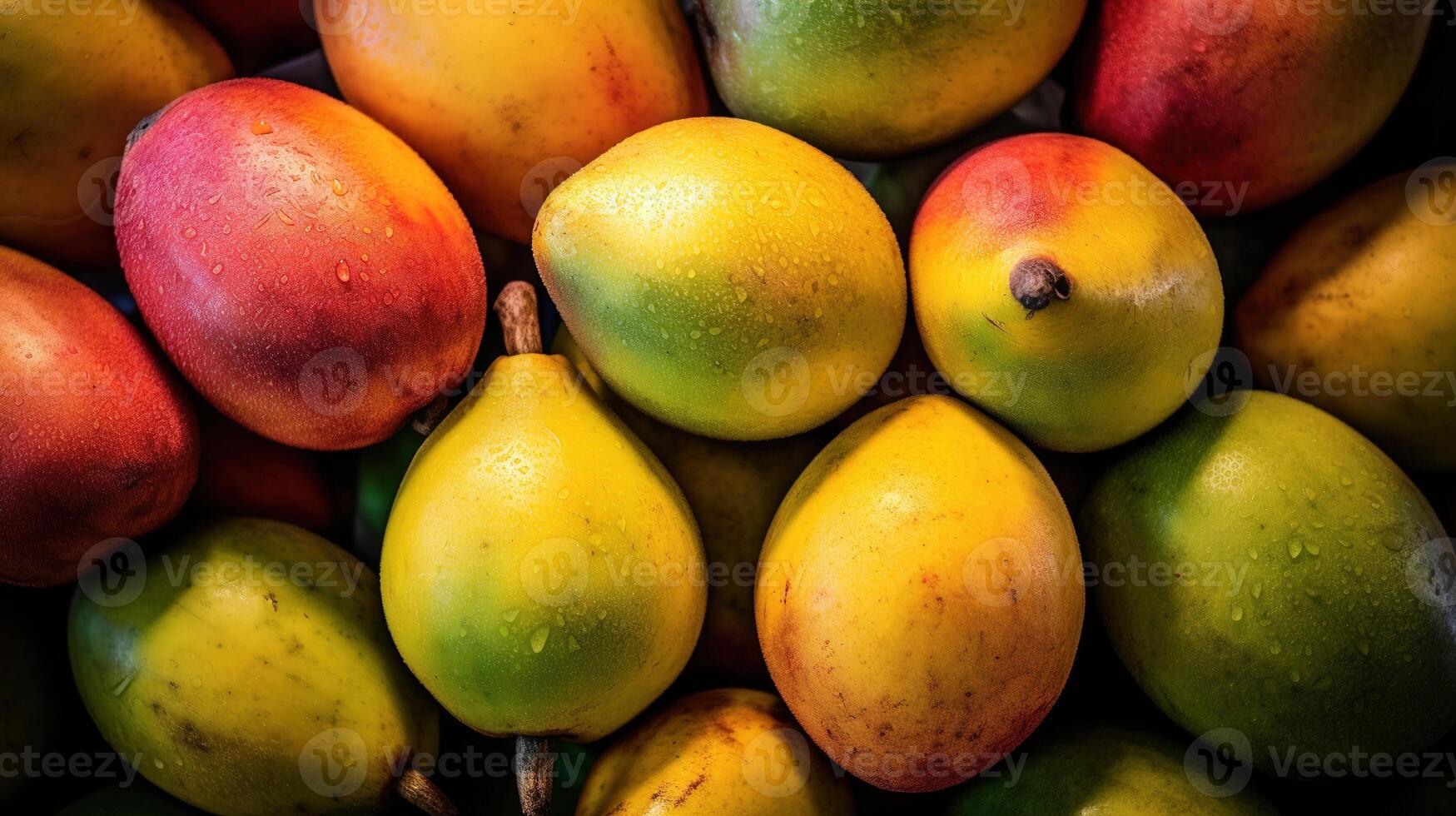 Realistic photo of a bunch of mangos. top view fruit scenery.
