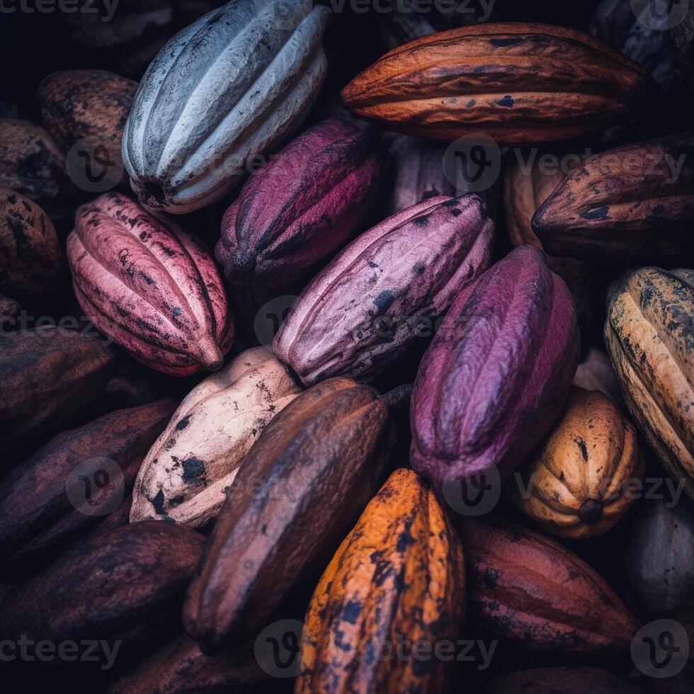 Realistic photo of a bunch of cacao. top view fruit scenery.