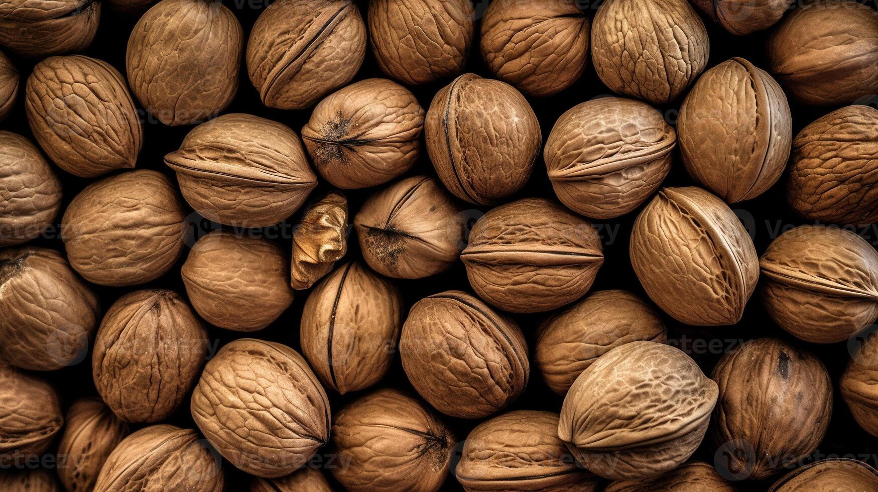 Realistic photo of a bunch of walnuts. top view nuts scenery.