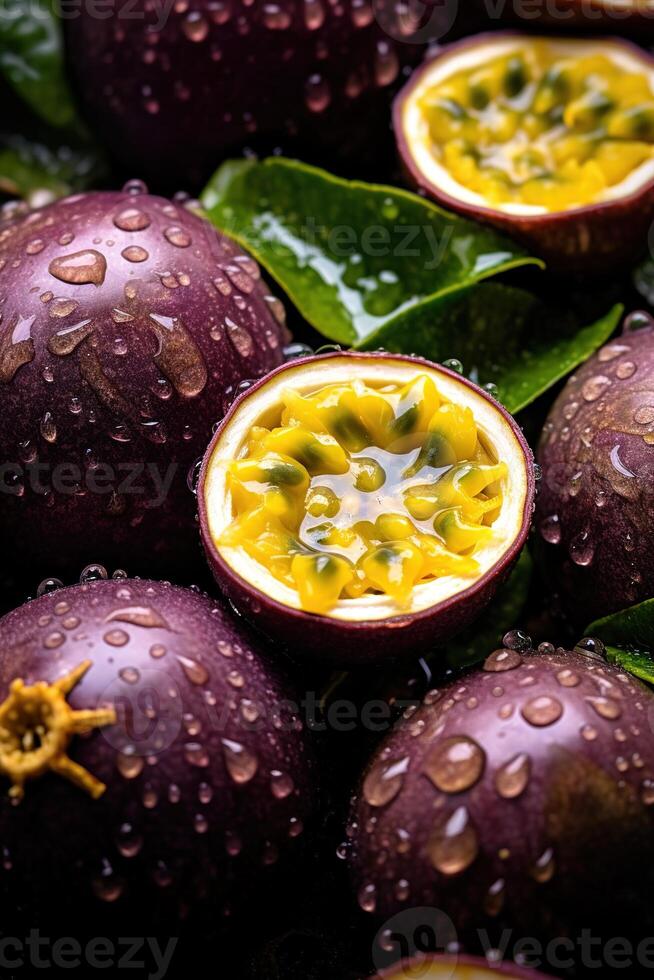 Realistic photo of a bunch of passion fruits. top view fruit scenery.