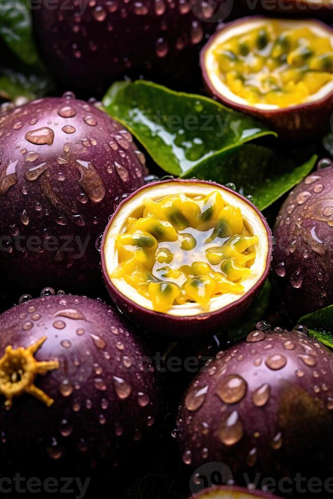 Realistic photo of a bunch of passion fruits. top view fruit scenery. AI Generated